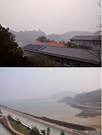 受大陸冷氣團挾帶大量懸浮微粒過境影響,馬祖地區4日、5日週休兩天都是低溫又灰濛濛的天氣,直視太陽都不會覺得刺眼,而且空中交通也受影響,昨天更是南北竿機場均全日停航。(圖/文:曹重偉)