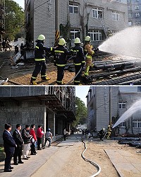 　內政部參事龔昶仁抵馬執行102年度公共安全暨窄巷工安管理聯合督導，地區消防局等相關單位代表先於縣府開會，由副縣長陳敬忠親自說明，下午在清水執行實際操作，龔昶仁一行實地觀察部署演練狀況及狹小巷弄救災利器，以及消防車進入消防區巷弄後部署演練及關東梯救難操作。（圖／文：曹重偉）