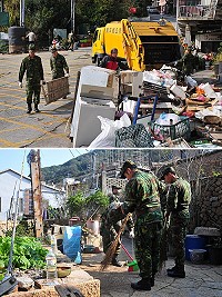 國家清潔週熱烈進行中!南竿東區在軍方大力支援下,清潔工作全面展開,國軍弟兄任勞任怨主動協助介壽獅子市場、牛角廢棄舊屋等特別髒亂點的清理工作。(圖/文:曹重偉)