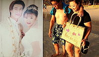 曹永誠、葉精執夫婦15年前結婚照,葉精執是美美少女,好友逗曹是「鍋」富城。他們相愛緊密,連出遊下水,老公都要攬著老婆。(圖:曹永誠、葉精執提供)