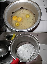 利用檸檬煮水可以輕鬆去除電鍋底層的陳年髒污。(圖/文:林冰芳)
