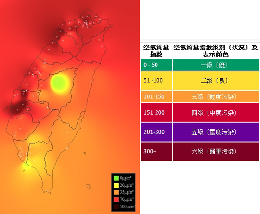圖(取自零時政府空汙視覺化)可看到今天下午兩點,全台各地細懸浮微粒PM2.5的濃度分布。