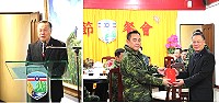 (右圖)國防部長嚴明致贈防區團體加菜金,嘉勉官兵如期如質完成各項戰備整備與演訓任務;(左圖) 部長於餐會前實施精神講話,勉各級幹部共同努力,打造一支「小而精、小而強、小而巧」的國防武力。(圖/文:林廷宇)