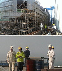 在施作框架內的新臺馬輪「臺馬之星」建造船身及縣長楊綏生昨南下到高鼎船廠實地了解施作狀況。(圖:連江縣政府交通局提供)