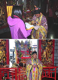 馬祖境天后宮近日進行新年度太歲燈及光明燈的更換工作,為表慎重,特別邀請道教法師康理發來馬主持安太歲法事,並依古典法事為申請信眾們祈福;主委曾林官貼心提醒有申請安太歲的民眾今天上午可配合法會前往上香。(圖/文:曹重偉)