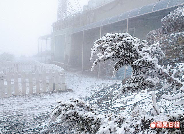 玉山昨天上午飄雪半小時,積雪約一公分厚。氣象局提供