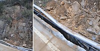 　大雨造成北竿大道局部坍方，巨石滑落把下方的白鐵自來水管壓扁。 （圖／文：陳鵬雄）