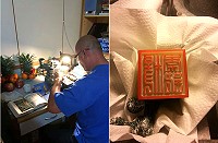 前南竿鄉長林樹清搬出半自動手工電刻機器重溫手藝,完成作品要1小時。(圖:林樹清提供)