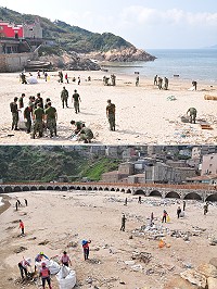 鄉公所、南竿守備大隊共同清理復興村沙灘上大量的海漂垃圾。(圖/文:馮紹夫)