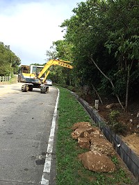 建設局進行南竿山線全面補植杜鵑等前置作業,展開道路路肩空地部分挖除塊石。(圖:吳嘉榮)