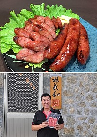 林義和工坊與知名大廠新東陽合作推出紅糟熟香腸,鮮嫩多汁又保留紅糟香氣的香腸,受到試吃民眾一致好評。(圖/文:馮紹夫)