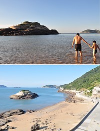 這幾天高低潮明顯,退潮時芹壁與龜島近在咫尺,用「走」的就可以輕易登島。(圖/文:馮紹夫)