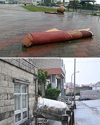 超強陣風把塘岐運動場的跑道都掀了,塘岐街道上還有水塔被強狂風吹落。(圖/文:陳鵬雄)