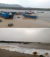 馬鼻灣澳口掀巨浪,澳口內小船相互碰撞有4艘沉沒,簡易浮排也受損嚴重。(圖/文:陳鵬雄)