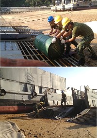 (上圖)補給連弟兄油料運補作業過程。(下圖)第三類補給品由專人引導上船,確保安全。(圖/文:陳韋臣)
