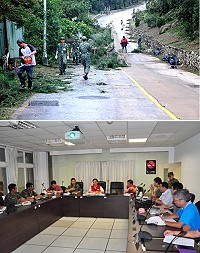 上圖:北竿鄉公所協調軍方等單位投入災後復原工作。(圖/文:陳鵬雄);下圖:「蘇迪勒」遠颺,連江縣政府與相關單位召開災後復原會議,討論後續環境復原。(圖/文:馮紹夫)