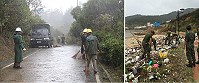 軍方、環保局及鄉公所總動員,清理道路各支線斷枝殘葉,以及部隊官兵協助逐步清理海漂垃圾。(圖/文:吳嘉榮)