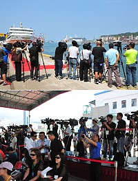 首艘國造大型客貨輪「臺馬之星」首航吸引媒體高度關注,超過40家的報紙、雜誌、電視及廣播媒體到場採訪。(圖/文:曹重偉)