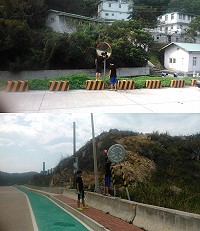 反光鏡、道路標誌於風災受損影響道路通行,交通局同仁和廠商聯合完成修繕作業。(圖:縣府交通局提供)