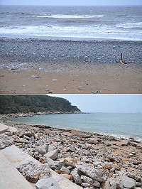 北竿午沙及坂里沙灘颱風過後,讓深埋在沙層的礫石及水泥塊裸露。(圖/文:陳鵬雄)