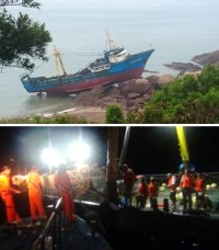 大陸閩長漁24532越區捕魚船隻疑似不熟悉地形船體擱淺至大浦石刻海域蛇頭岩礁岩上,馬祖海巡隊PP-3538艇將「閩」船上12名男性船員全數救起。(圖:馬祖海巡隊、東旭民宿提供)
