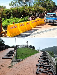 福澳村景點福山公園8日不敵「蘇迪勒」颱風威力,入口道路兩側的欄杆幾乎全部脫落,原先組裝鍊條均已損壞無法再使用,廠商要重新備料,好不容易昨天才順利進場開始修復工作。(圖/文:曹重偉)