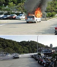 昨上午南竿機場發生火燒車事故,火勢猛烈,車輛內部幾乎全燬,幸無波及附近車輛。(圖:航警局提供)