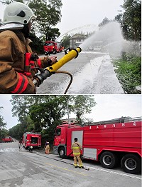為防範加油站火災,連江縣消防局與警察局人員昨天上午9時特於馬祖油品公司梅石加油站舉辦加油站防火救災演練;現場出動3輛消防車快速完成水線佈置並噴灑專門克制油類火災的泡沫原液,演練過程相當逼真順暢。(圖/文:曹重偉)