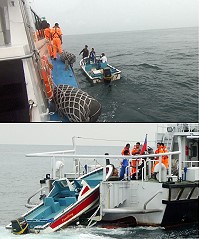 　近期海象平穩，大陸海釣船頻頻越界，馬祖海巡隊昨天在東莒林坳嶼外發現一越界海釣船且逃逸拒檢，在不放棄之下將該船強力追緝到案。（圖：馬祖海巡隊提供）
