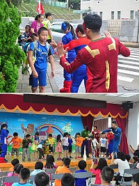 馬防部弟兄姊妹擔任開學日大使,化身英雄人物迎接小朋友上學,並前往三校進行團康活動。(圖/文:馮紹夫)