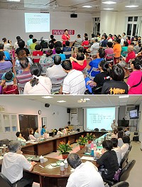 　衛生局「心理健康月」開跑，連續舉辦自殺防治暨精神衛生協調聯繫會、臺北區精神醫療網第3季會議等活動；晚間還有「讓生命微笑」心理健康宣導，吸引爆滿民眾參加。（圖／文：曹重偉）