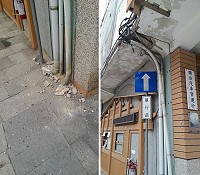 塘岐國宅牆角有水泥塊剝落,一位學生經過被砸中頭部送醫縫了一針,突顯國宅存在的諸多問題待解。(圖:家長提供)