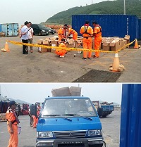 捍衛食安保康寧,馬祖岸巡大隊與連江查緝隊昨天執行貨輪安檢勤務拆檢回台貨物時,當場查獲疑似大陸走私茶葉一批。(圖:馬祖岸巡大隊提供)