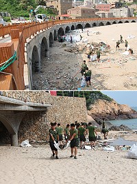 南竿鄉公所聯合國軍弟兄清理復興村沙灘,清理出大量海漂垃圾,沙灘恢復乾淨樣貌。(圖/文:吳嘉榮)