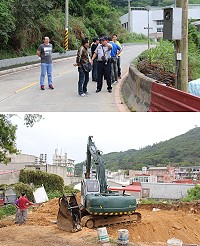 　（上圖）民眾檢舉馬中旁農田整地及備置鋼筋，並破壞路旁護欄，工務局昨日通令1週內恢復原狀，逾期則依建築法進行裁罰。（下圖）工務局昨日前往馬港宗教園區，處理巨神像戰備道周邊山坡地破壞事宜，要求現場作業工程立即停工。（圖／文：吳嘉榮）