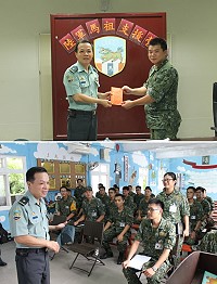 (上圖)陸勤部政戰主任江少將頒發馬祖支援營加菜金。(下圖)陸勤部政戰主任親自前來慰勉,鼓舞了部隊的精神士氣。(圖/文:陳俊諺)