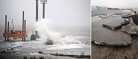 滿潮加暴潮各澳口都看得到數公尺高的陣陣巨浪;青帆港部分路面水泥被掀起。(圖:陳貽彬提供、林冰芳)