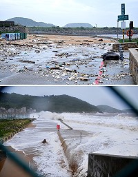 昨天上午滿潮塘后道掀巨浪,災後道路滿目瘡痍,今天展開復原。(圖/文:陳鵬雄)