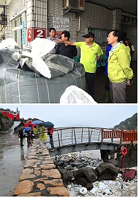 強颱「杜鵑」來襲,昨天上午10時颱風尚未過境,縣長劉增應即會同議長張永江、交通局長林長青等災防單位主管先後前往福澳遊客碼頭、復興澳口等處現勘察災損及越浪情形。(圖/文:曹重偉)