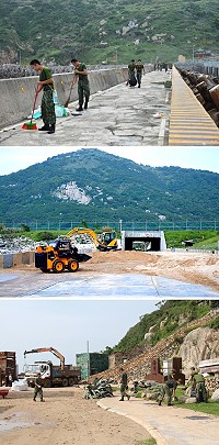 (圖上)環保局、南竿鄉公所和國軍弟兄昨日聯合動員清理災後環境,在他們的共同努力下,很快就回復整潔的家園。(圖/文:吳嘉榮);(圖中)塘后道及后澳村昨天展開災後復原工作,軍民總動員進度順利。(圖/文:陳鵬雄);(圖下)東、西引連堤,在颱風過後又見保麗龍等海漂垃圾散落,軍民合力打掃清理。(圖/文:陳其敏)