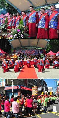 「2015媽祖昇天祭」祭祀大典在八德藝文廣場粉墨登場,由桃園市長鄭文燦擔任主祭,與立委陳雪生、秘書長張龍德等桃園、馬祖兩地貴賓,一起向桃園宮廟及來自馬祖的媽祖金身行隆重的三跪九叩首禮,場面盛大、莊嚴肅穆。(圖/文:曹重偉)