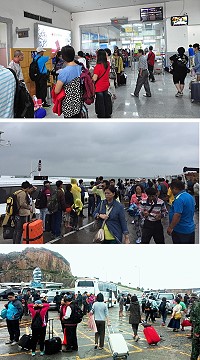 　（圖上）雙十連假首日，「臺馬之星」昨日上午搭載487人抵達馬祖，空中交通也是班班客滿，總計破千遊客湧入馬祖。（圖／文：馮紹夫）；（圖中）雙十連假儘管天候不佳東莒依舊湧入觀光人潮。（圖／文：林冰芳）；（圖下）國慶連假首日，東引中柱碼頭迎來近3百位遊客。（圖／文：陳其敏）