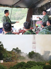 (上圖)馬防部莫指揮官指導改進方向,期正式操演有完美表現。(下圖)檢驗射擊實況。(圖/文:闕碩彥)