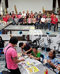 　連江縣衛生局「長幼健康促進活動暨原木彩繪DIY」活動，昨天下午在馬港光武堂歡樂登場，吸引不少年長鄉親前往參加。（圖／文：曹重偉）