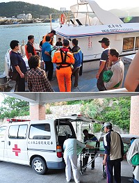 北竿1陸籍漁工因作業不慎造成右小腿截肢,縣立醫院進行緊急手術後,包船返回大陸做進一步治療。(圖/文:馮紹夫)
