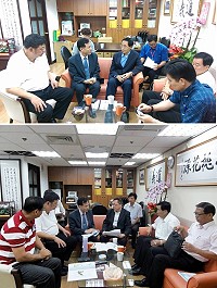 縣長劉增應偕同議長張永江16日上、下午在立委陳雪生安排於立院立委研究大樓分別會晤教育部體育署副署長王水文、教育部高教司長李彥儀、營建署長許文龍。圖為縣民多功能體育館與體育署副署長王水文暨南竿集合式住宅鐵板147地號土地變更案與營建署長許文龍說明。(圖:立委陳雪生國會辦公室)
