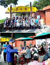北竿鄉公所舉辦重陽政經參訪,老人家們在壁山莊前合影留念。(圖/文:陳鵬雄)