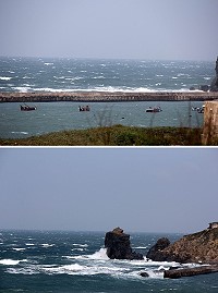 受「巨爵」颱風影響海象不佳,福正防波堤外浪花陣陣。(圖/文:林冰芳)