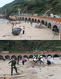 軍民聯手昨日在復興村沙灘進行秋季擴大淨灘活動,齊力維護美麗環境。(圖/文:吳嘉榮)