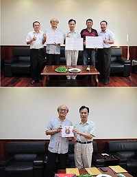 縣長劉增應昨日和雲津茶坊負責人邱垂旺及茶葉改良場長陳國任舉行技術轉移簽約儀式。(圖/文:吳嘉榮)